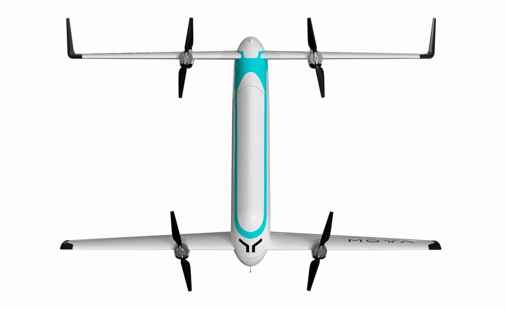 Top-down render showing the aircraft tandem wings and four tilting propellers.