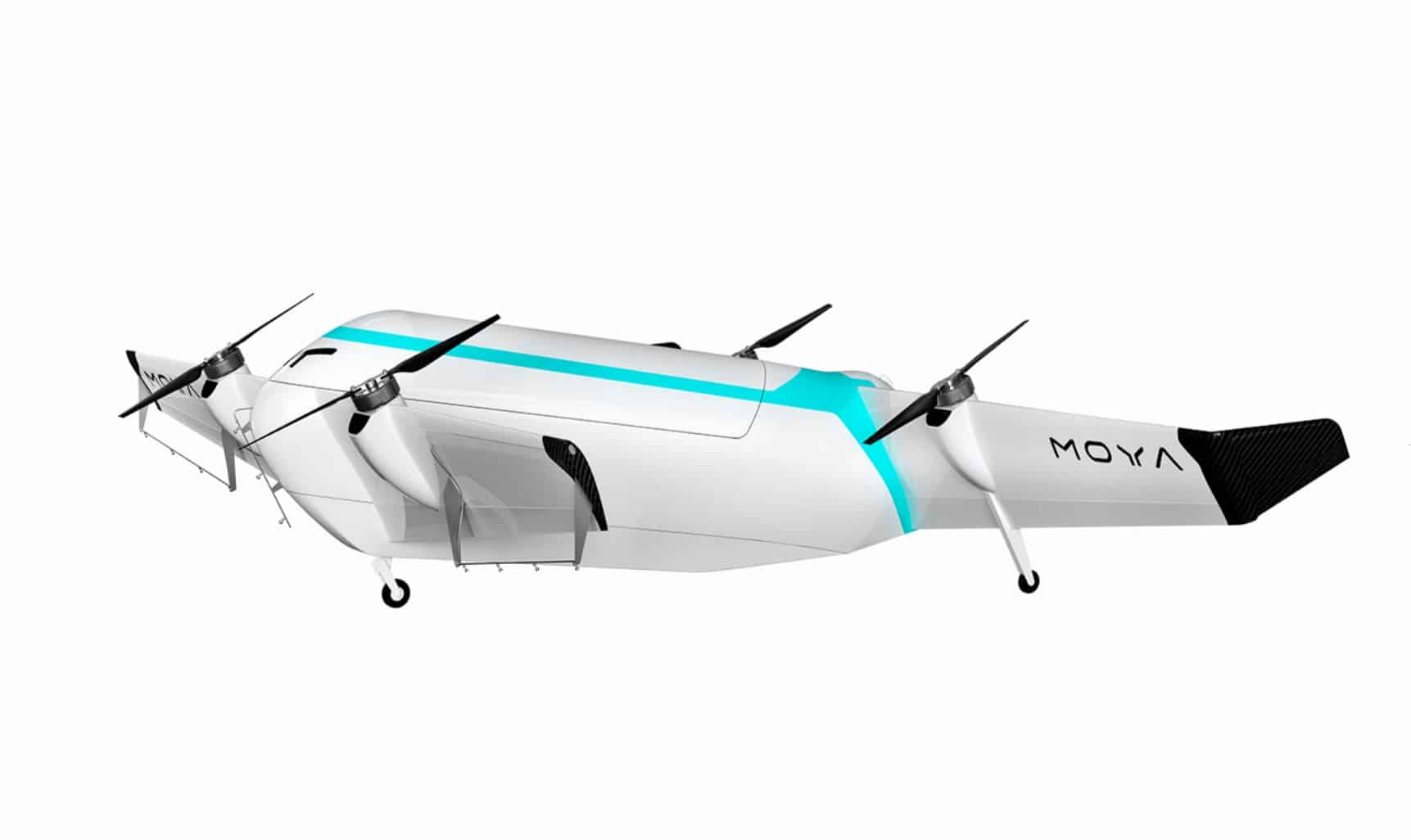 Side render of the Moya tandem tilt-wing cargo eVTOL on tricycle landing gear.