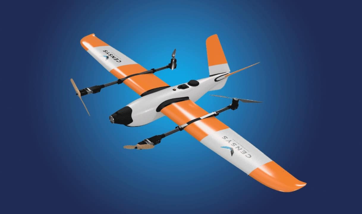 Censys Sentaero VTOL aircraft in orange and white with four lift rotors.