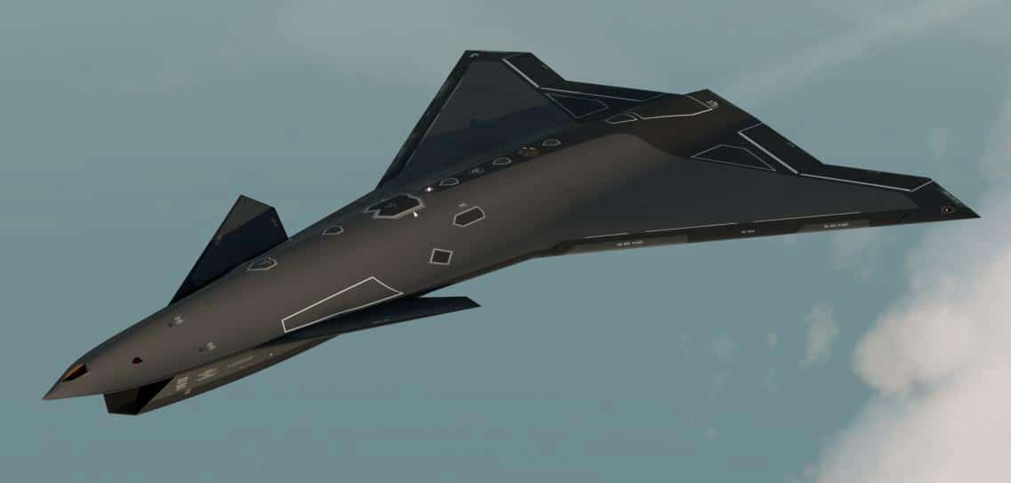 Rendering of the stealthy Wingman drone banking above a cloud layer.