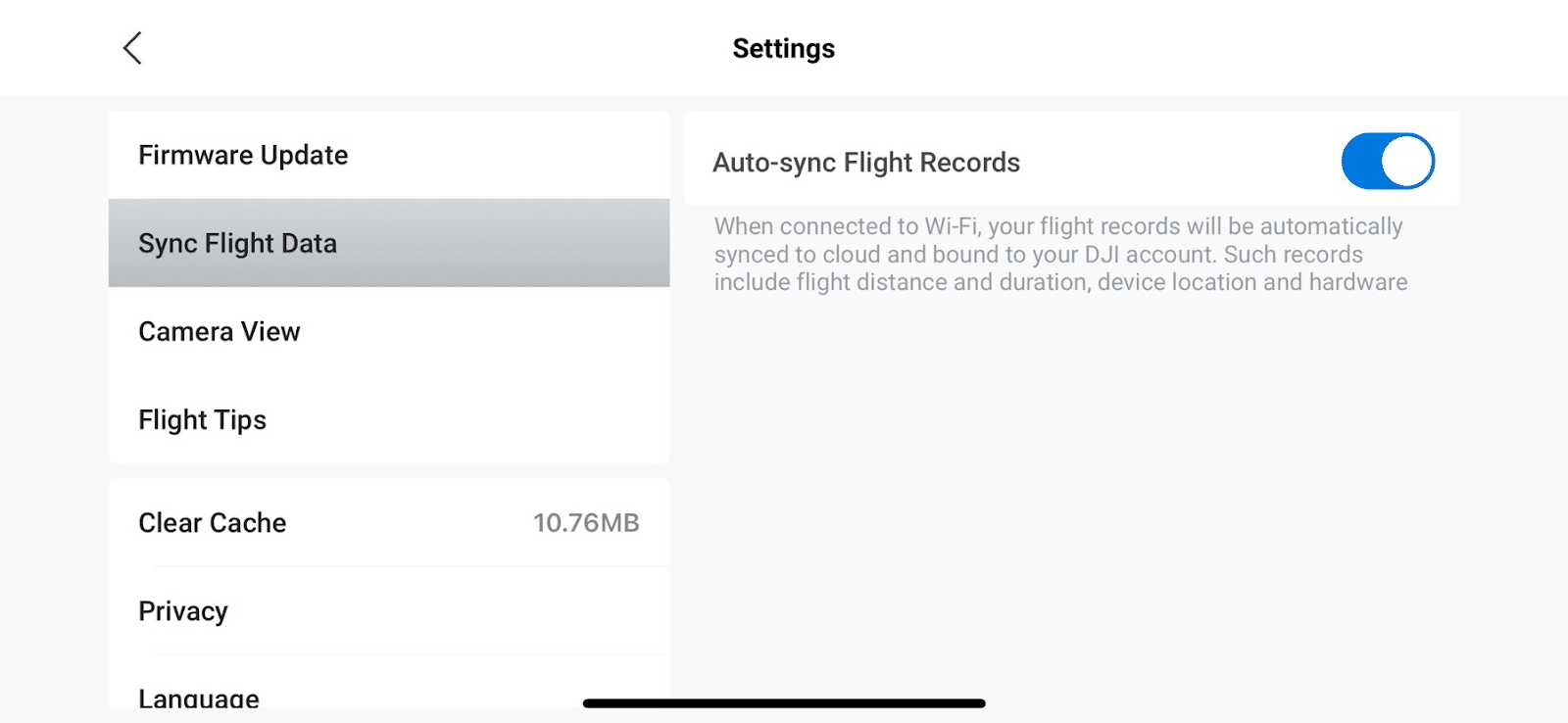 Screenshot of DJI settings with the auto-sync flight records toggle switched on.