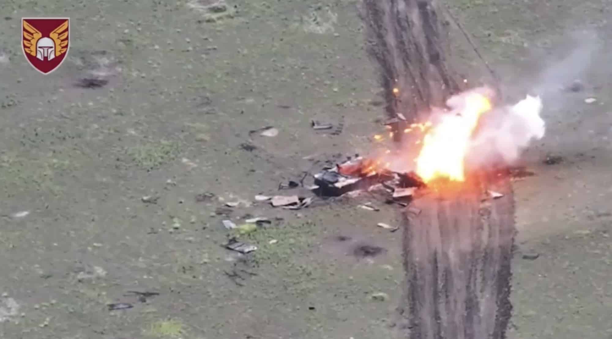 The same tank erupts in flame after the FPV drone strike lands.