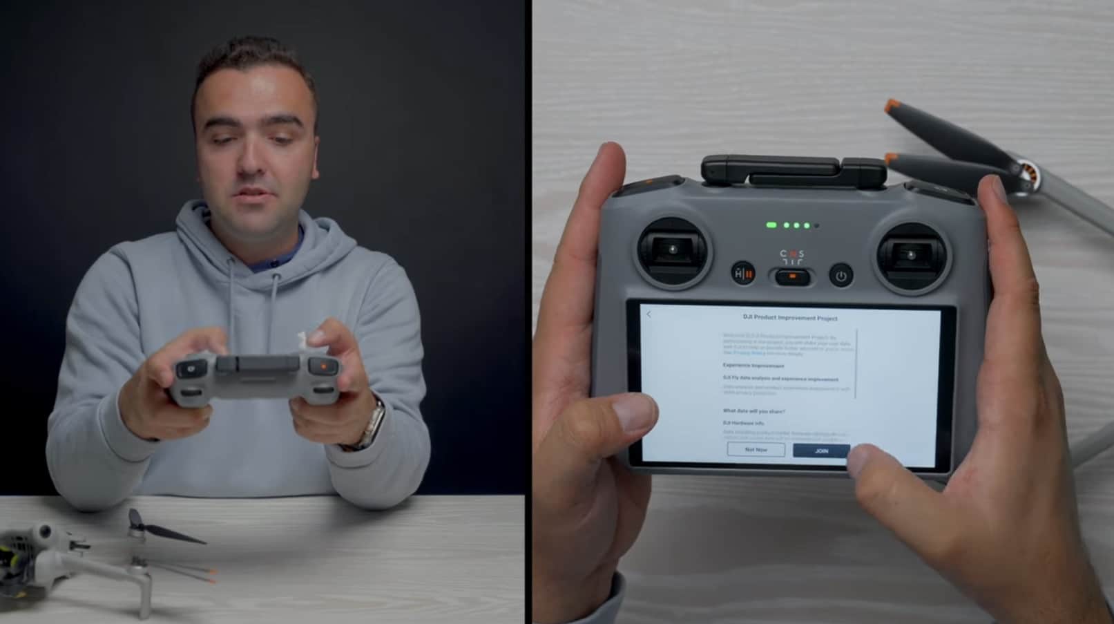 Billy Kyle unboxing the DJI RC 2 beside its account activation screen.