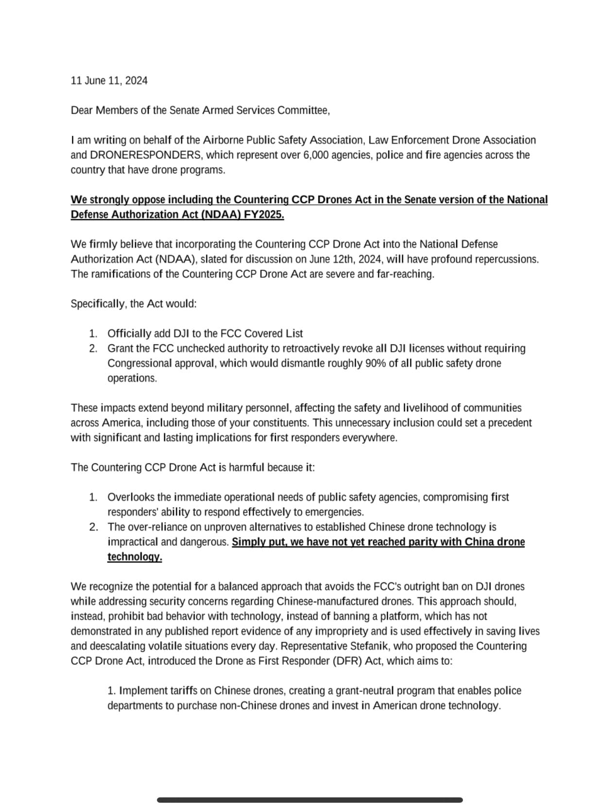 First page of the June 11, 2024 letter opposing the Countering CCP Drones Act.