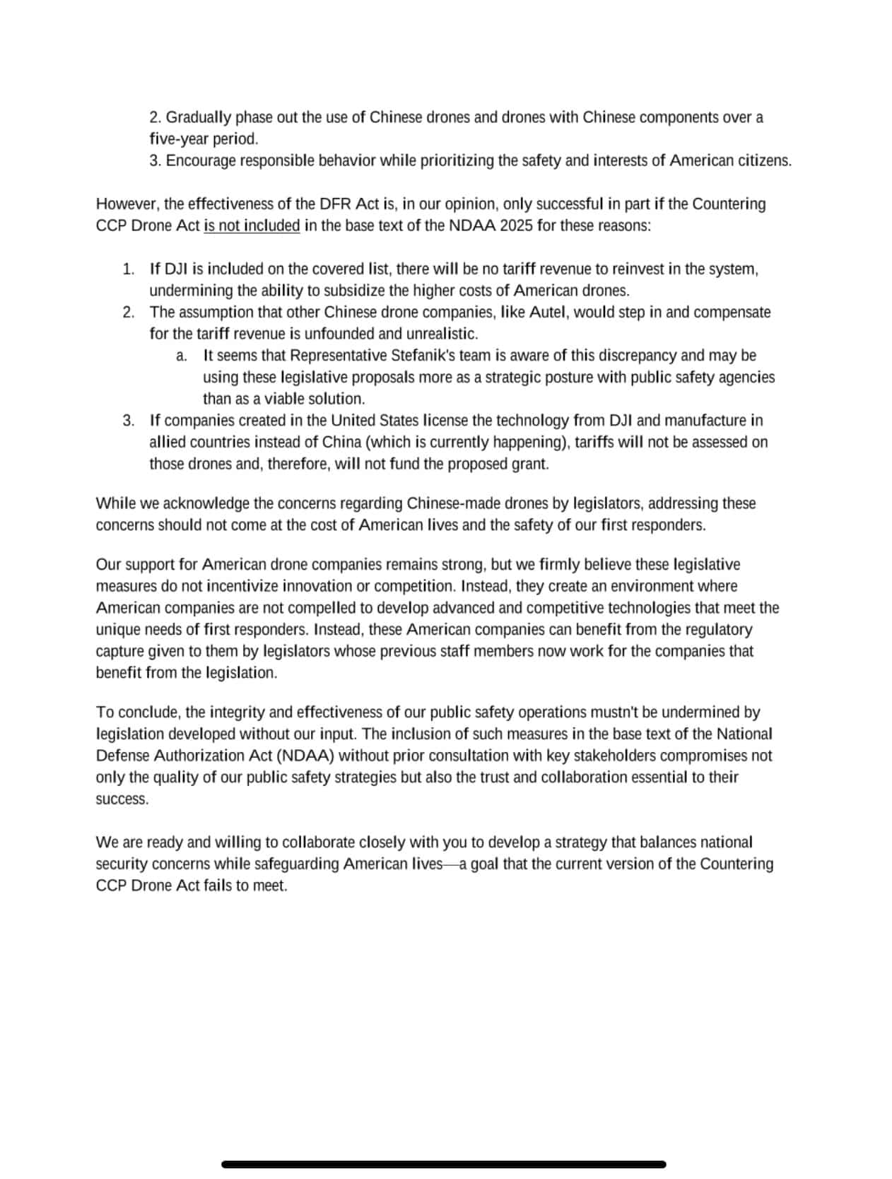 Second letter page arguing for tariffs and a five-year phase-out of Chinese drones.