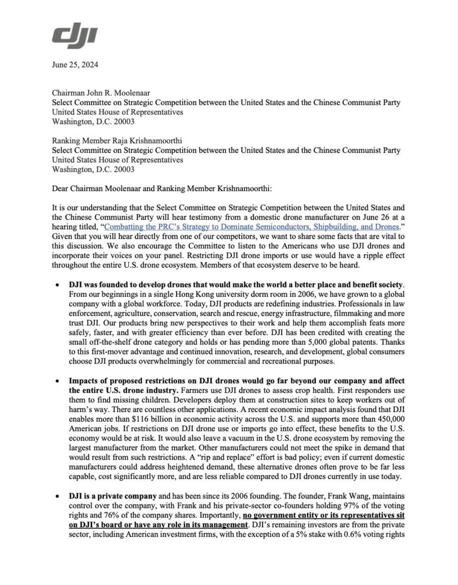 First page of the DJI letter dated June 25, 2024 to Chairman John Moolenaar.