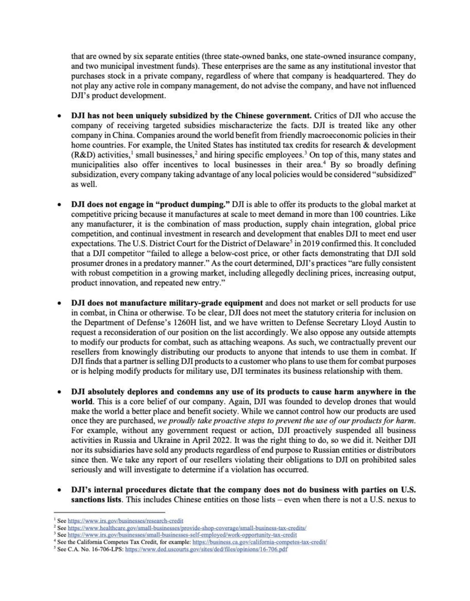 Second page rebutting claims of subsidies, product dumping and military-grade equipment.