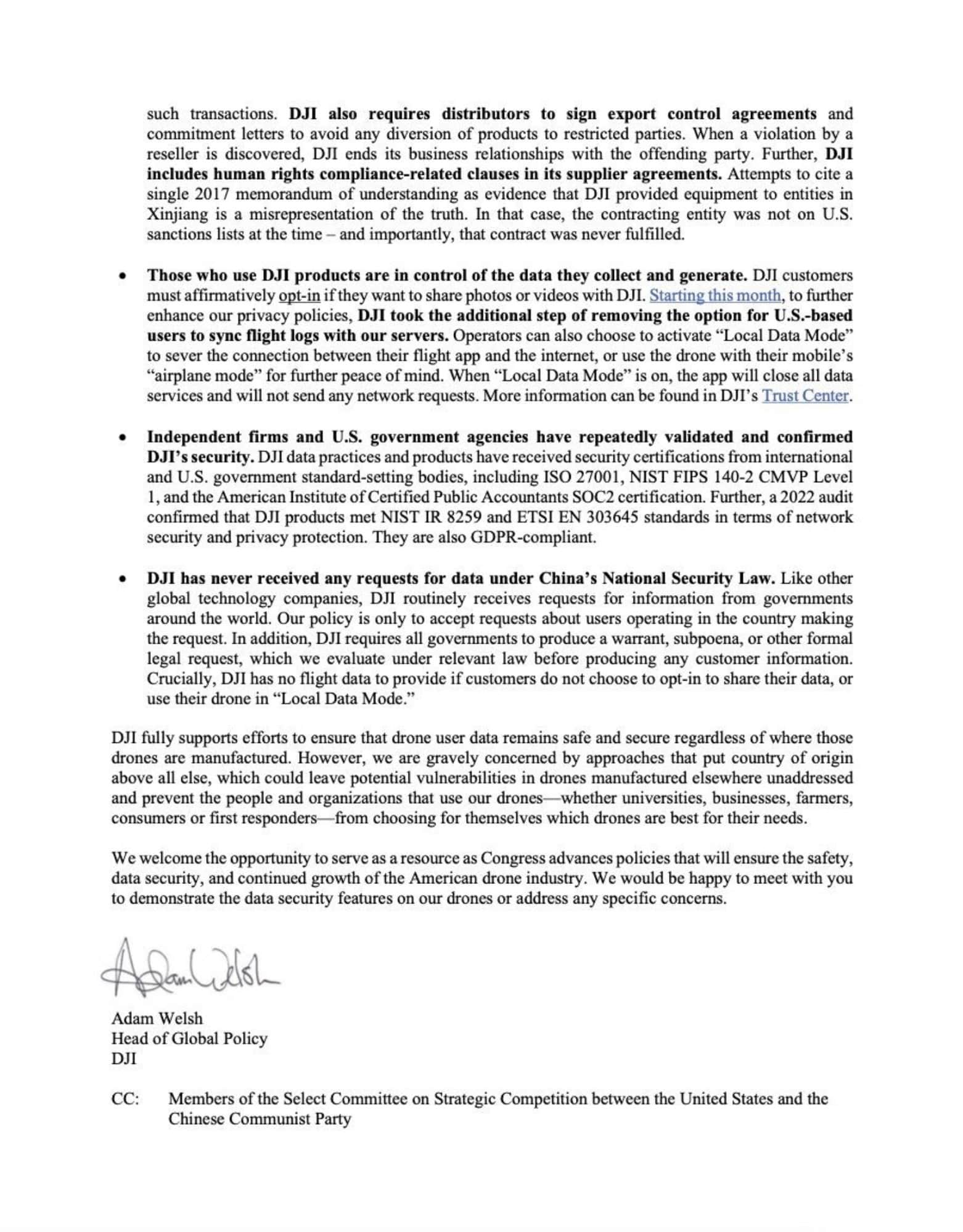 Closing page signed by Adam Welsh, head of global policy at DJI.