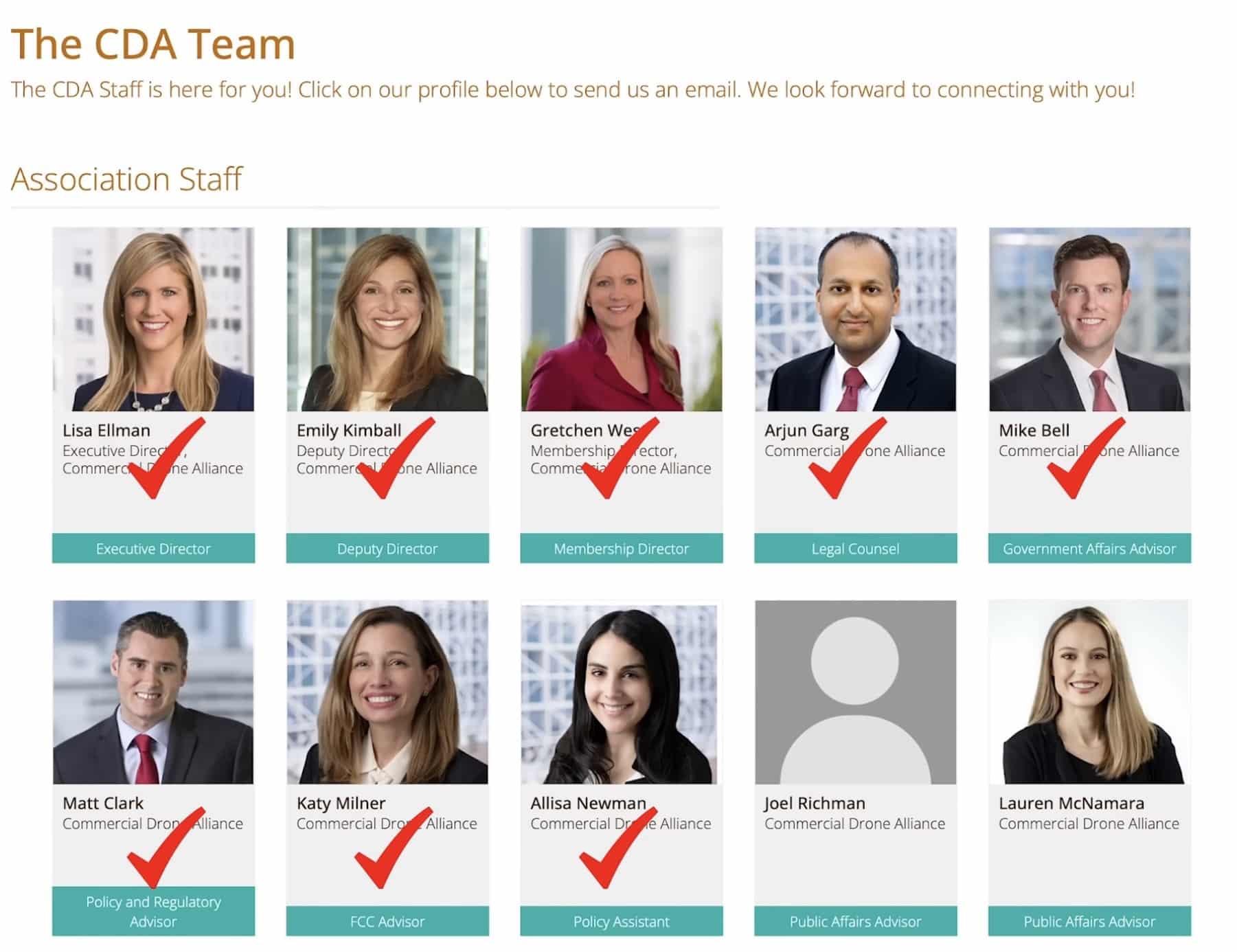 Screenshot of the Commercial Drone Alliance staff page with red checkmarks over several headshots.