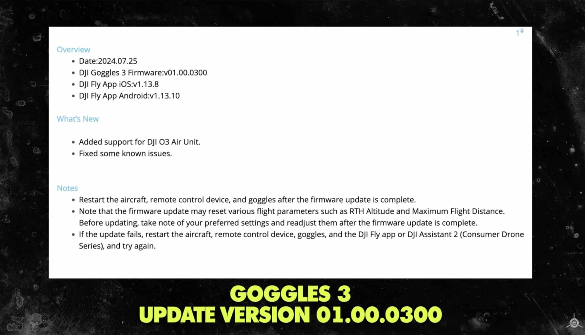 Screenshot of DJI Goggles 3 firmware release notes for version 01.00.0300.