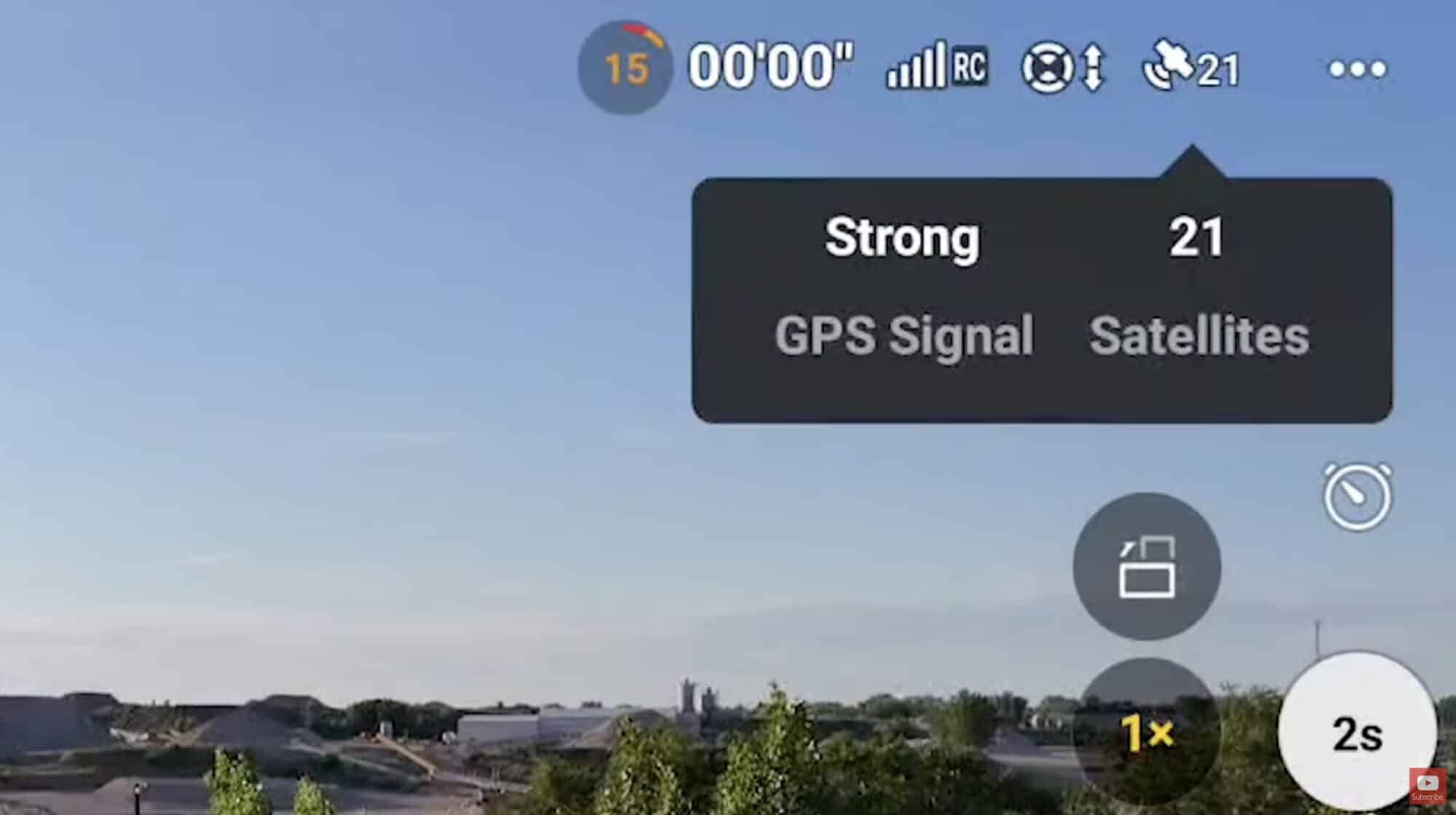 Flight screen popup reporting a strong GPS signal from 21 satellites.