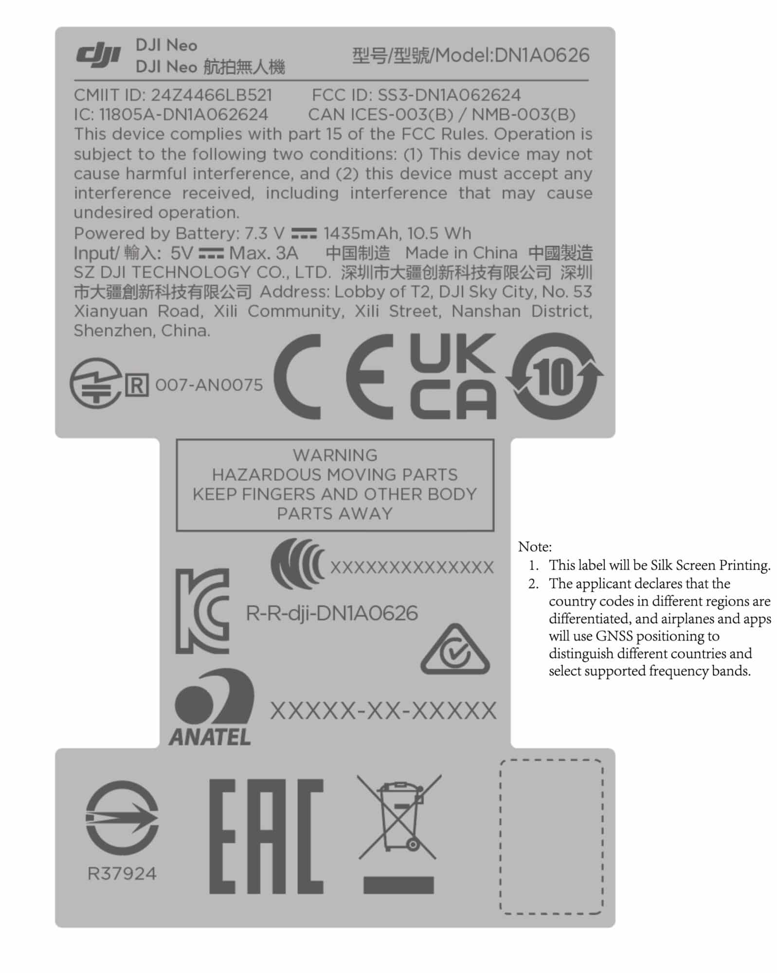 DJI Neo FCC label showing model DN1A0626 and a 7.3-volt 1435 mAh battery.