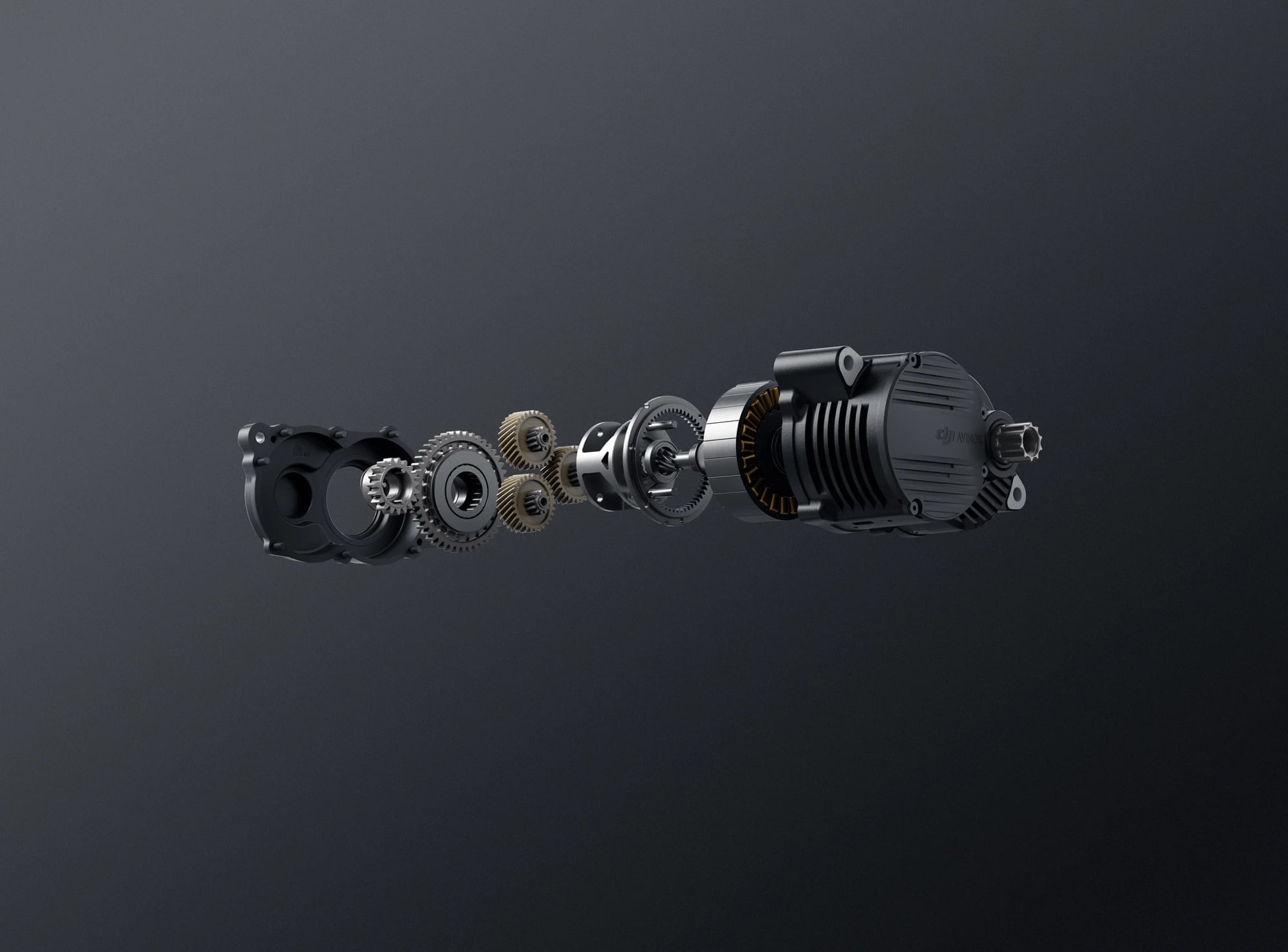 Exploded view of the Avinox motor showing gears, stator and housing components.