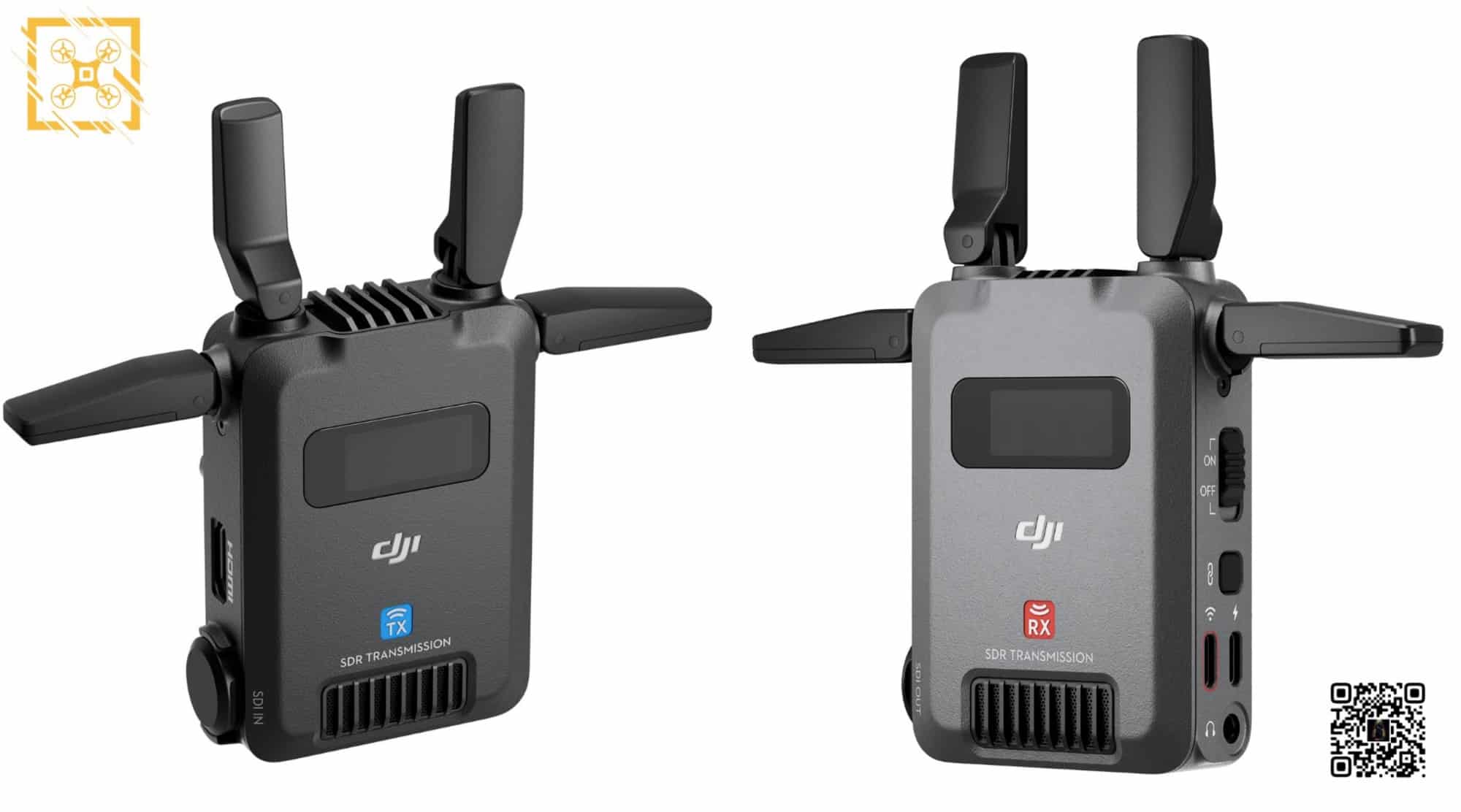 Leaked product shot of DJI SDR transmitter and receiver units with folding antennas.