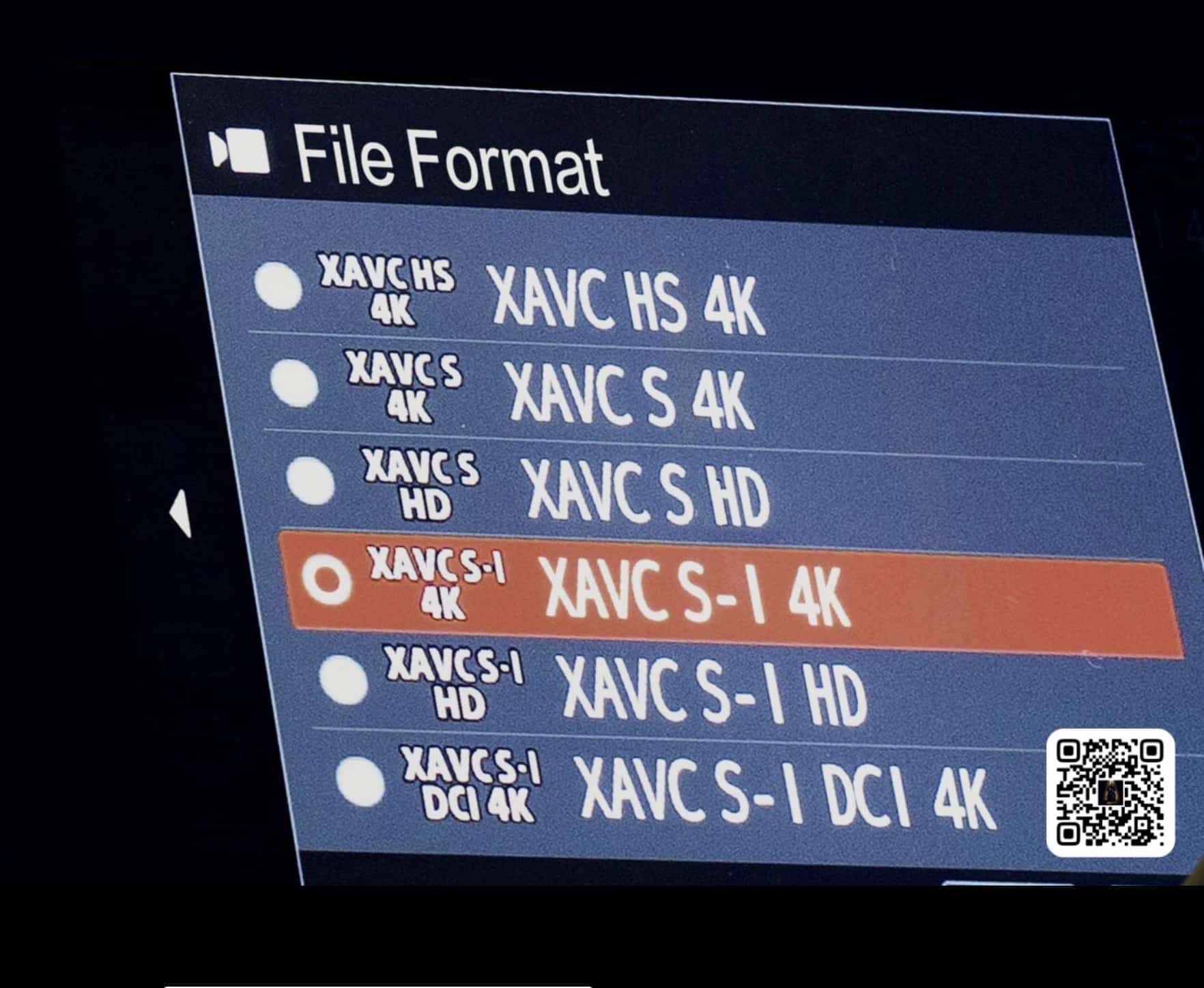 Camera menu photo showing XAVC file format options with XAVC S-I 4K selected.