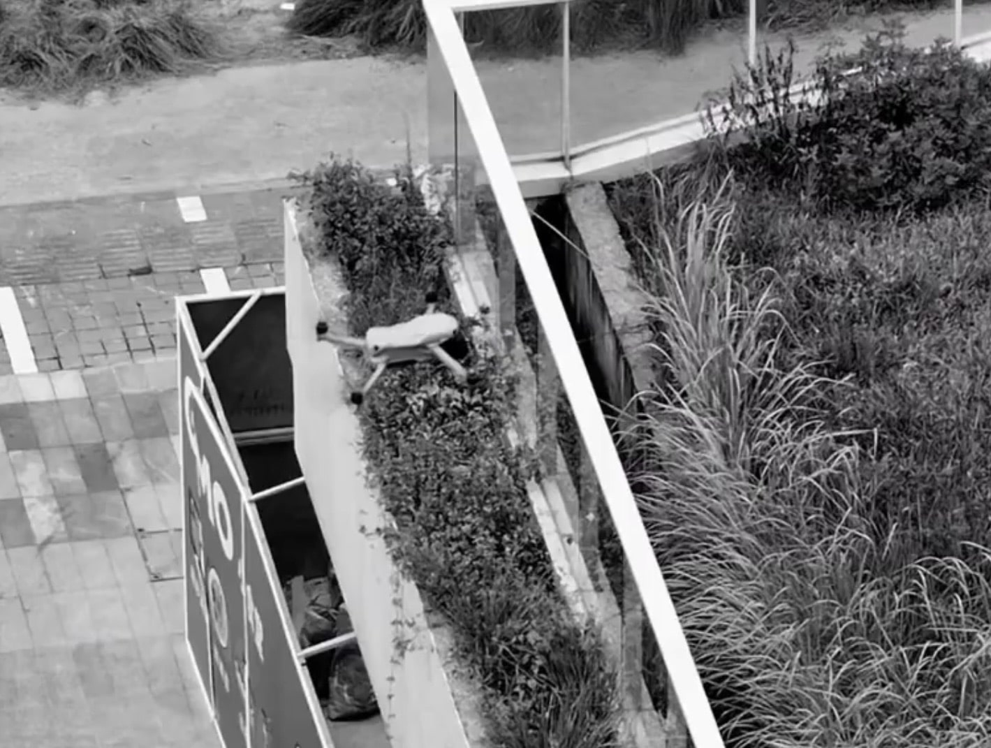 Small white drone hovering beside a raised planter and an event backdrop panel.