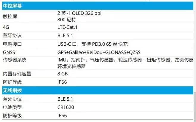 Leaked spec table covering the e-bike display, sensor suite and wireless controller.
