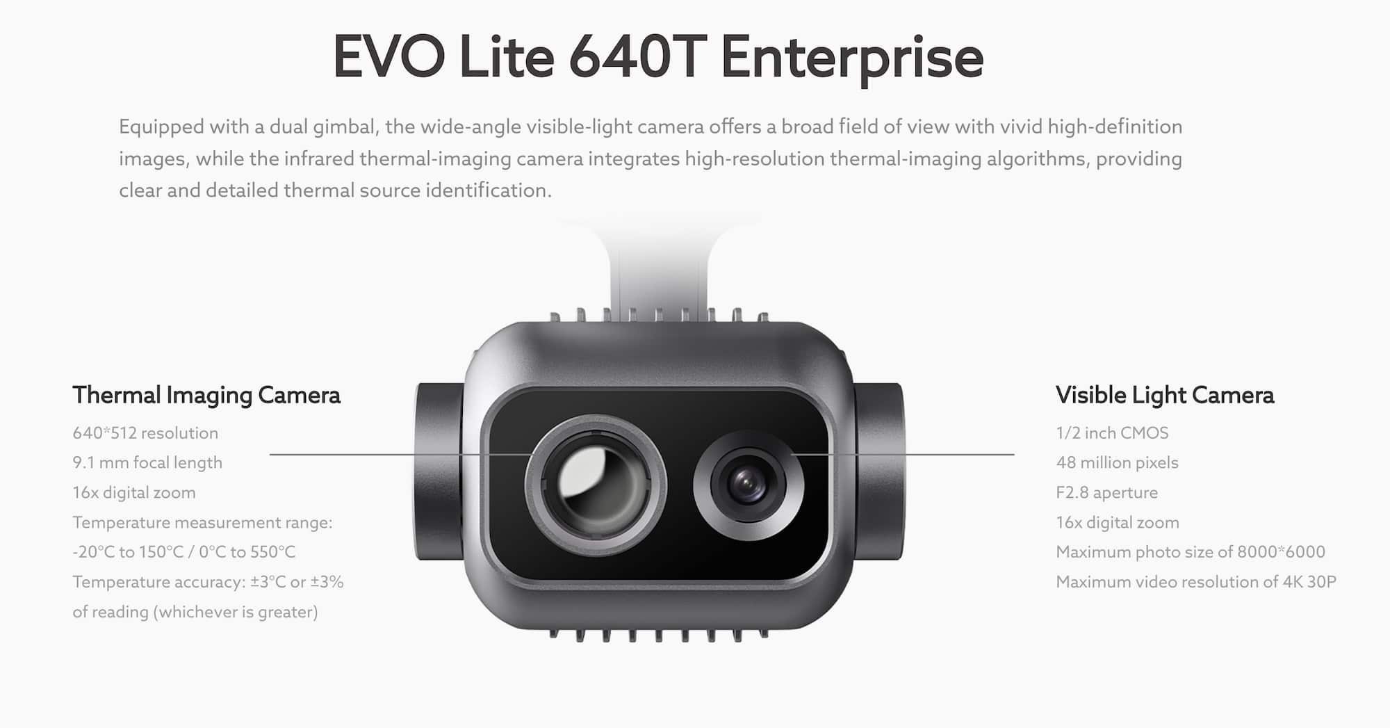 Autel slide detailing the EVO Lite 640T dual gimbal thermal and visible cameras.