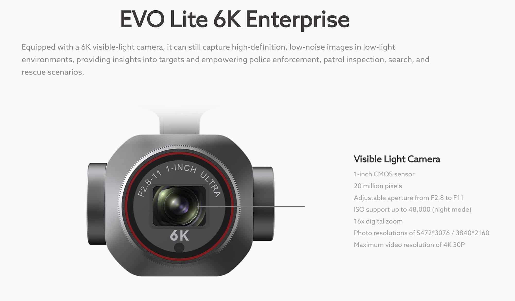 Autel slide showing the EVO Lite 6K gimbal and its 1-inch CMOS sensor.