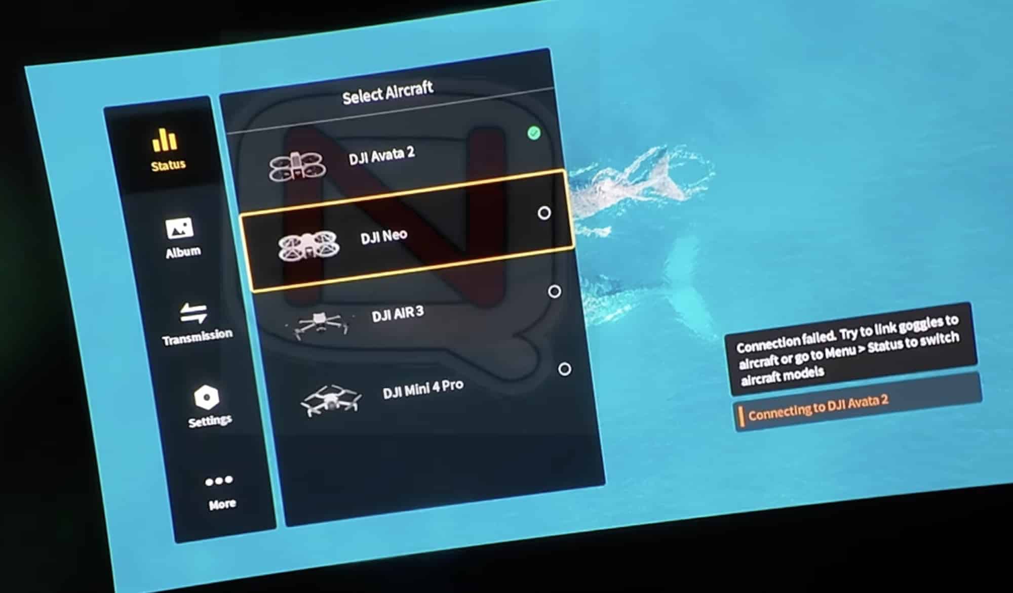 Aircraft selection menu in DJI Goggles 3 beta software listing the DJI Neo.