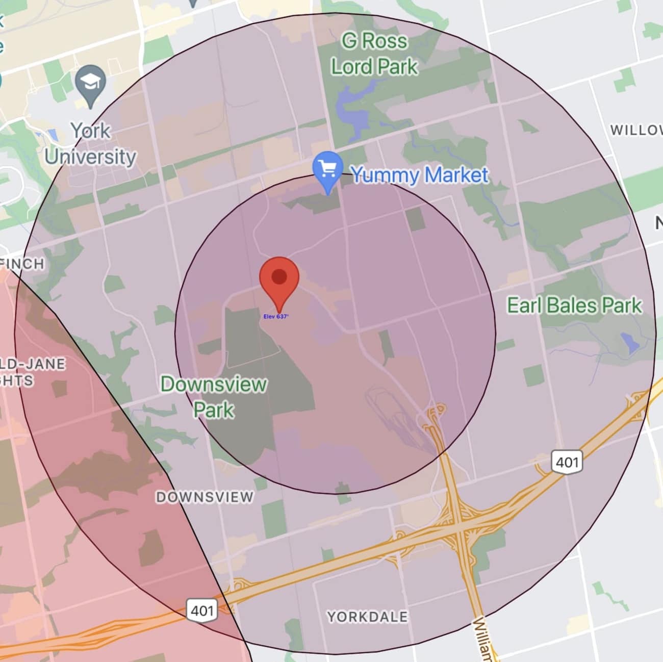 Map showing the circular no-fly zone drawn over Downsview Park in north Toronto.
