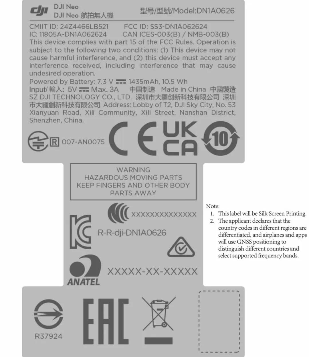 DJI Neo compliance label listing model DN1A0626 and its 1435 mAh battery.