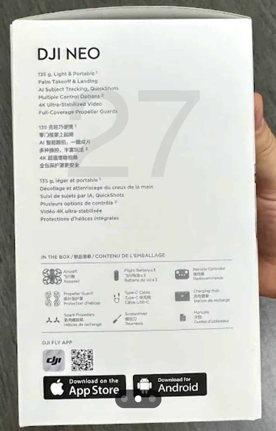 Back of the DJI Neo retail box listing key features and box contents.
