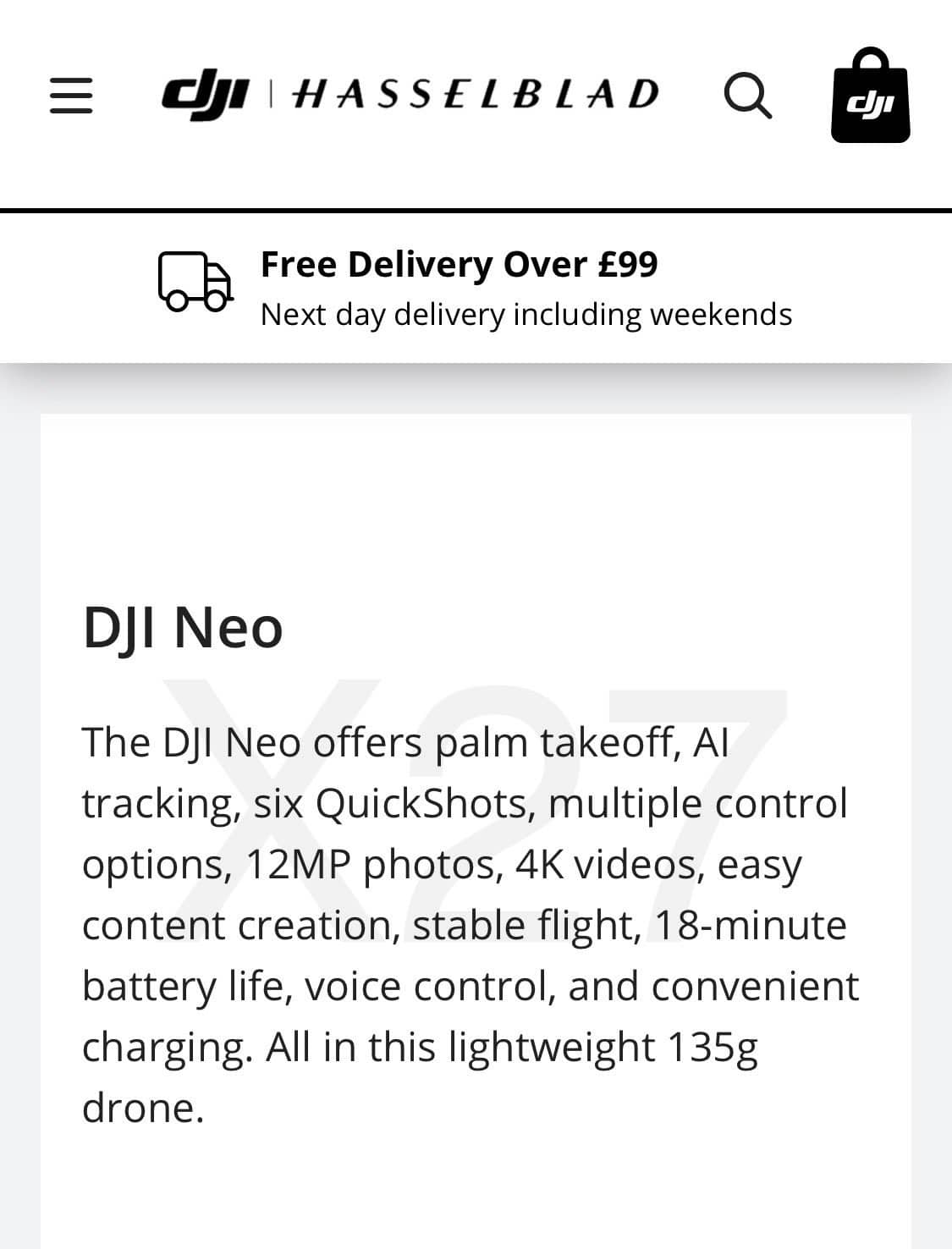 Screenshot of a DJI store listing crediting the Neo with 18 minutes of flight.