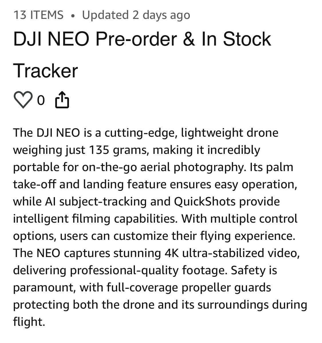 Screenshot of a DJI Neo stock tracker describing the 135-gram drone before launch.