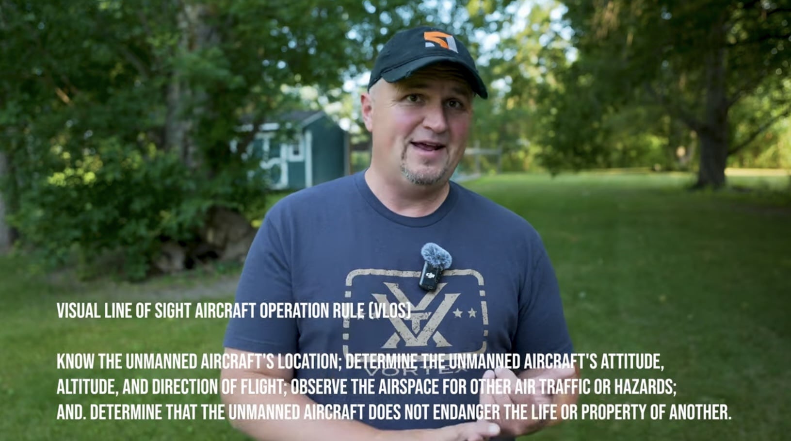 Presenter outdoors as onscreen text spells out the FAA visual line of sight rule.
