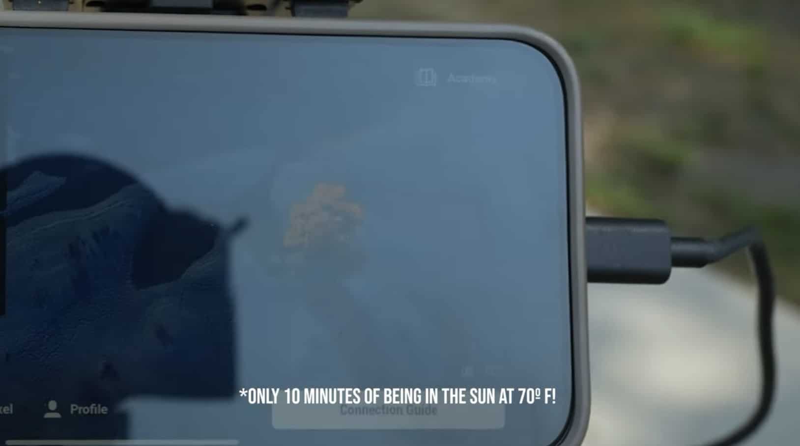 Sun-washed phone screen captioned about ten minutes at 70 degrees Fahrenheit (21 Celsius).