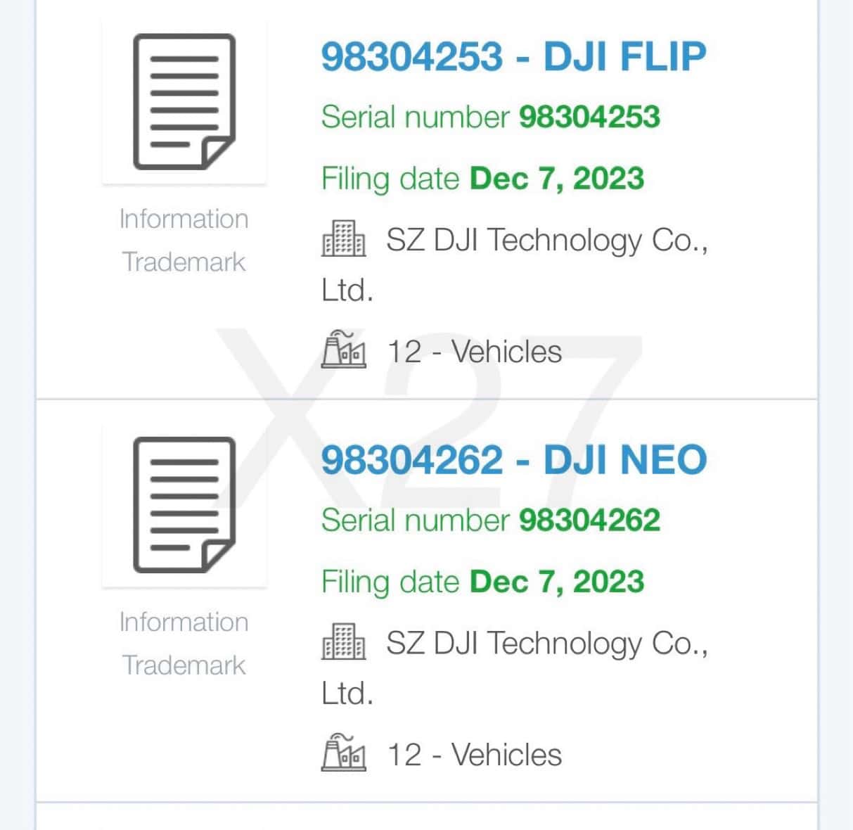Screenshot of trademark filings for DJI FLIP and DJI NEO dated December 2023.