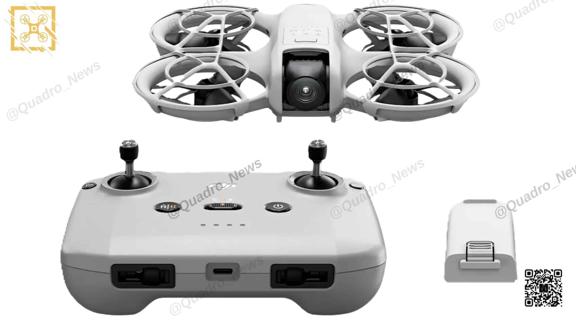 The Neo pictured above its matching white remote controller and a spare battery.
