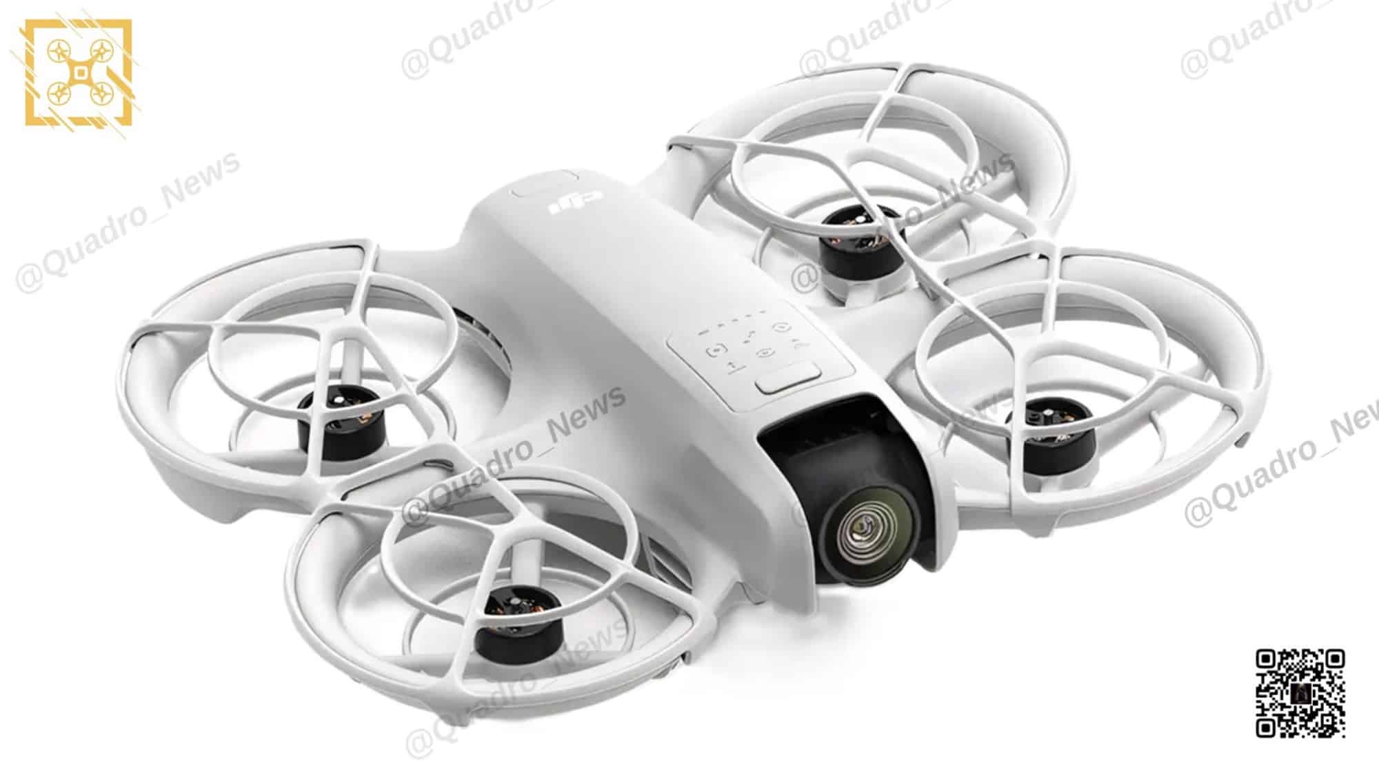 Three-quarter view of the Neo showing its forward camera and caged propellers.
