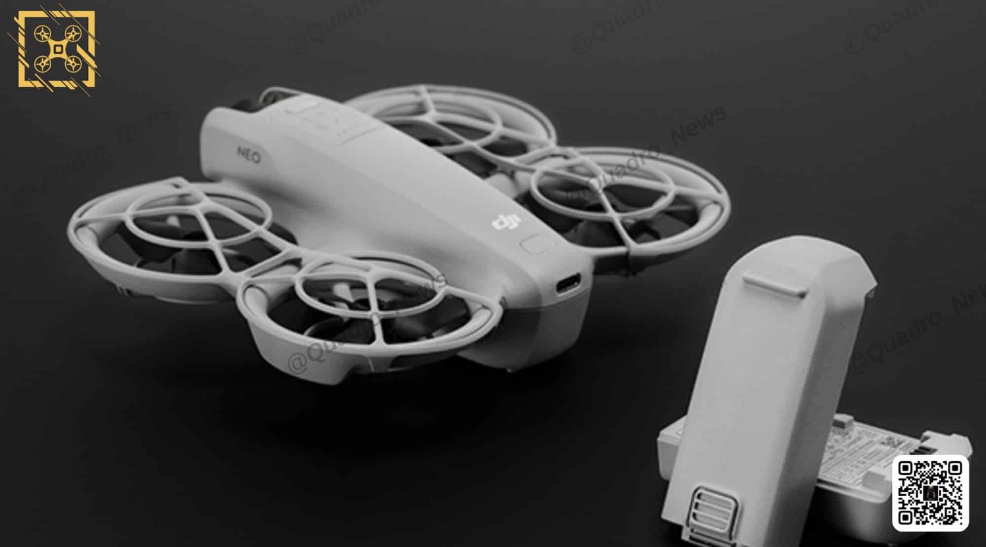 Leaked render of the DJI Neo on black with its flight battery.