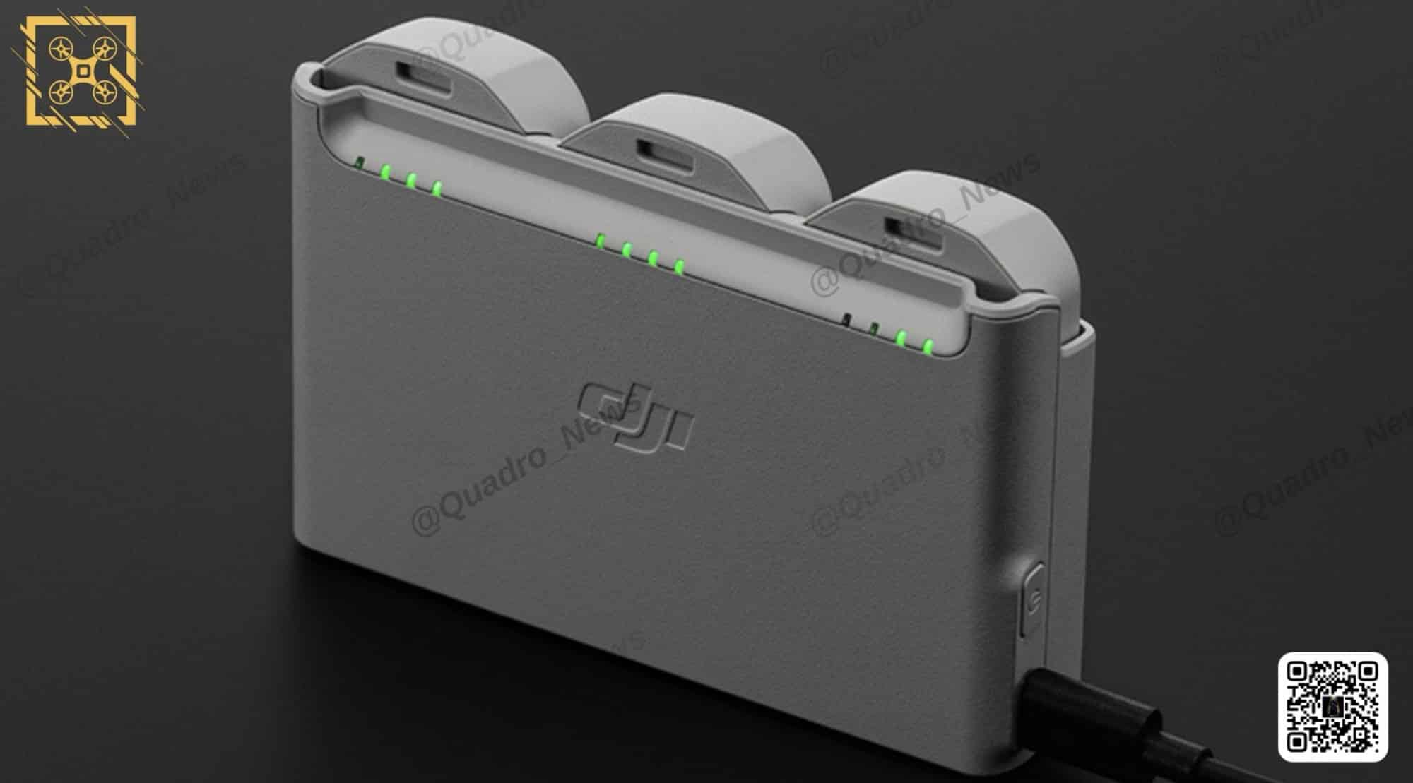 DJI three-battery charging hub with green status lights and a plugged-in cable.