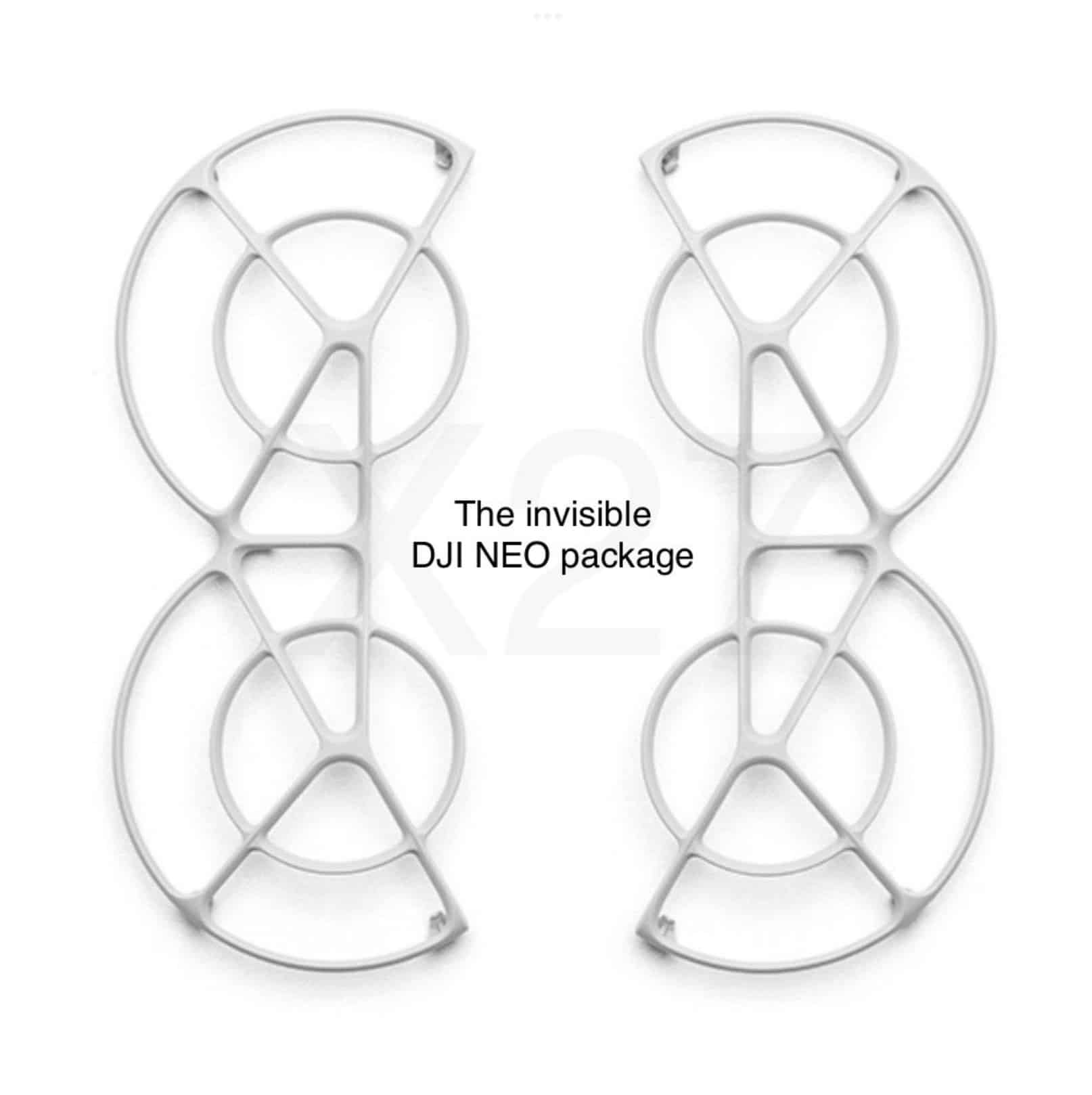 Four white DJI Neo propeller guards laid out in pairs on white.