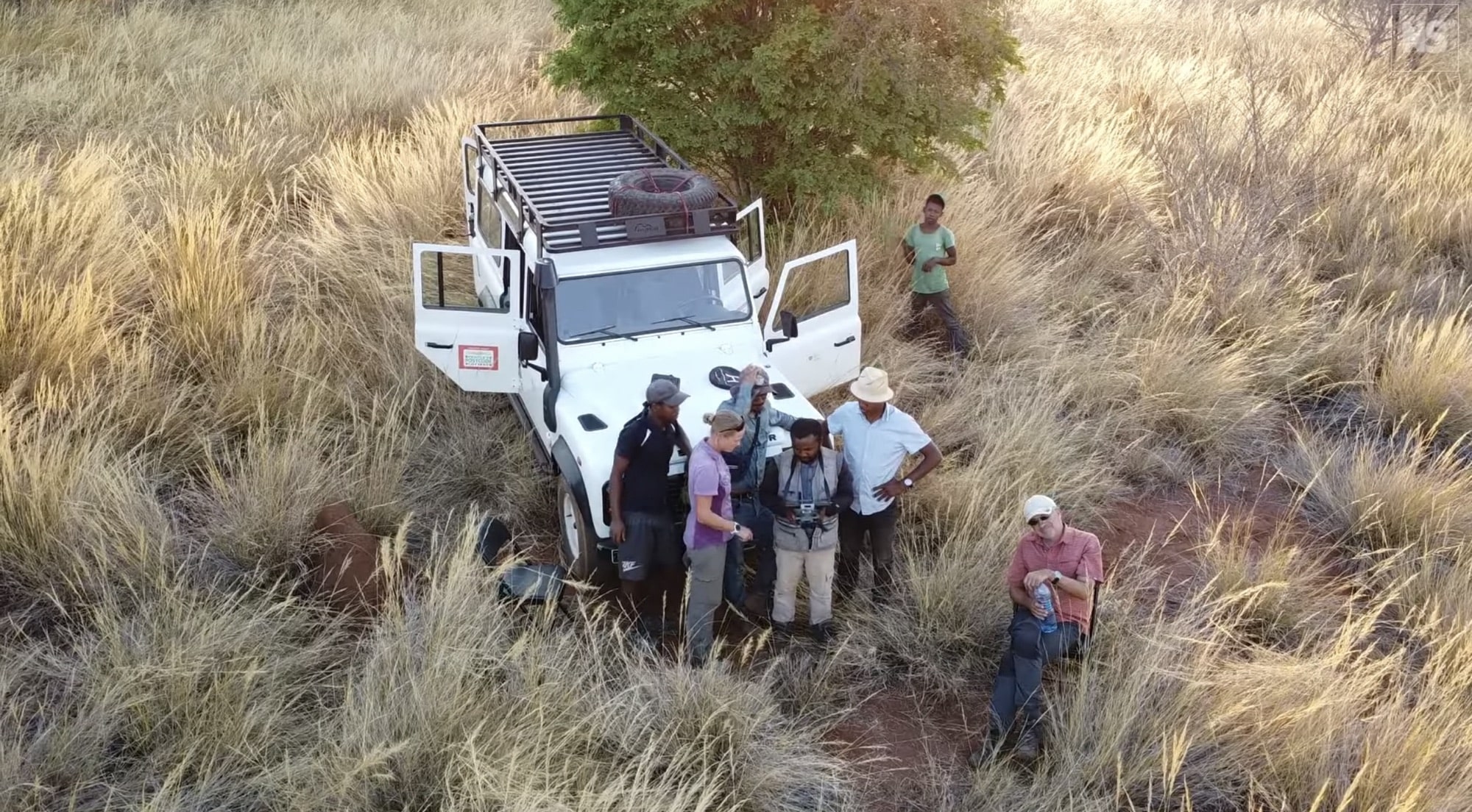 Aerial view of a field team gathered around a white Land Rover in tall grass.