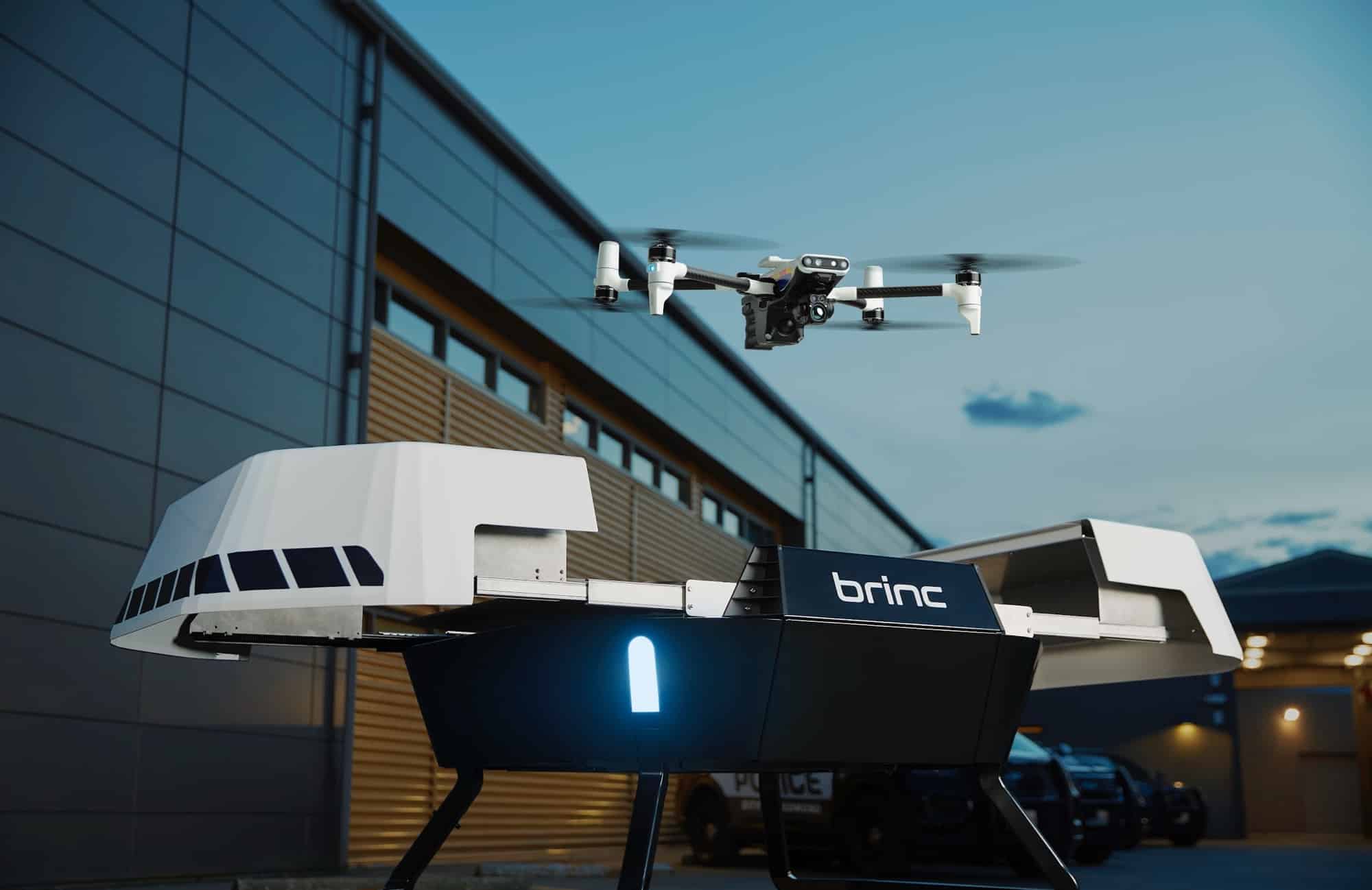 Rendering of a BRINC drone lifting from its rooftop docking station at dusk.