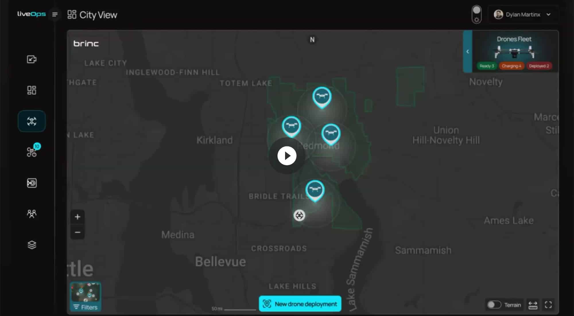 BRINC LiveOps City View dashboard mapping drone deployments across Seattle-area suburbs.