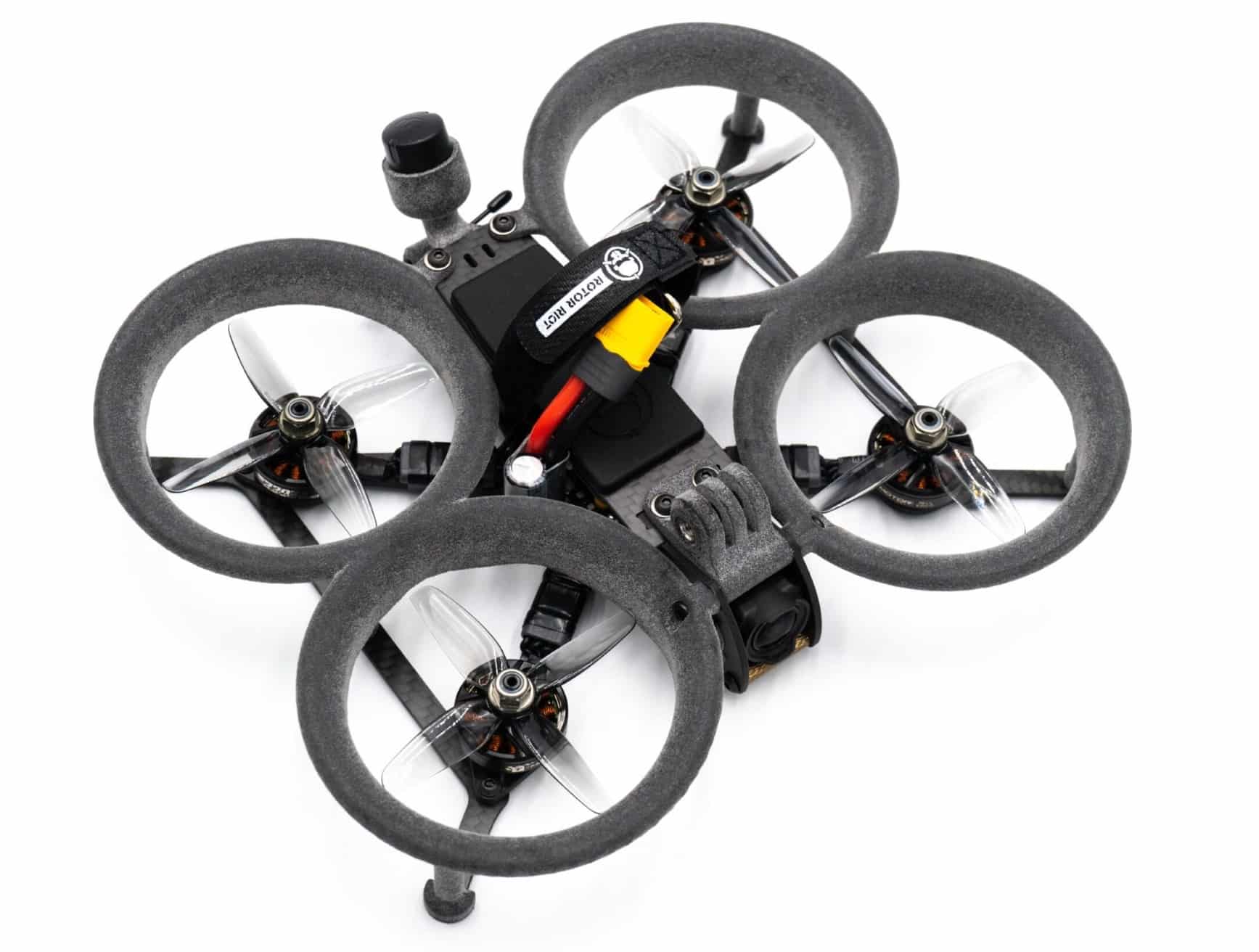 Top view of the SkyLite FPV drone with four printed ducts and nose camera.