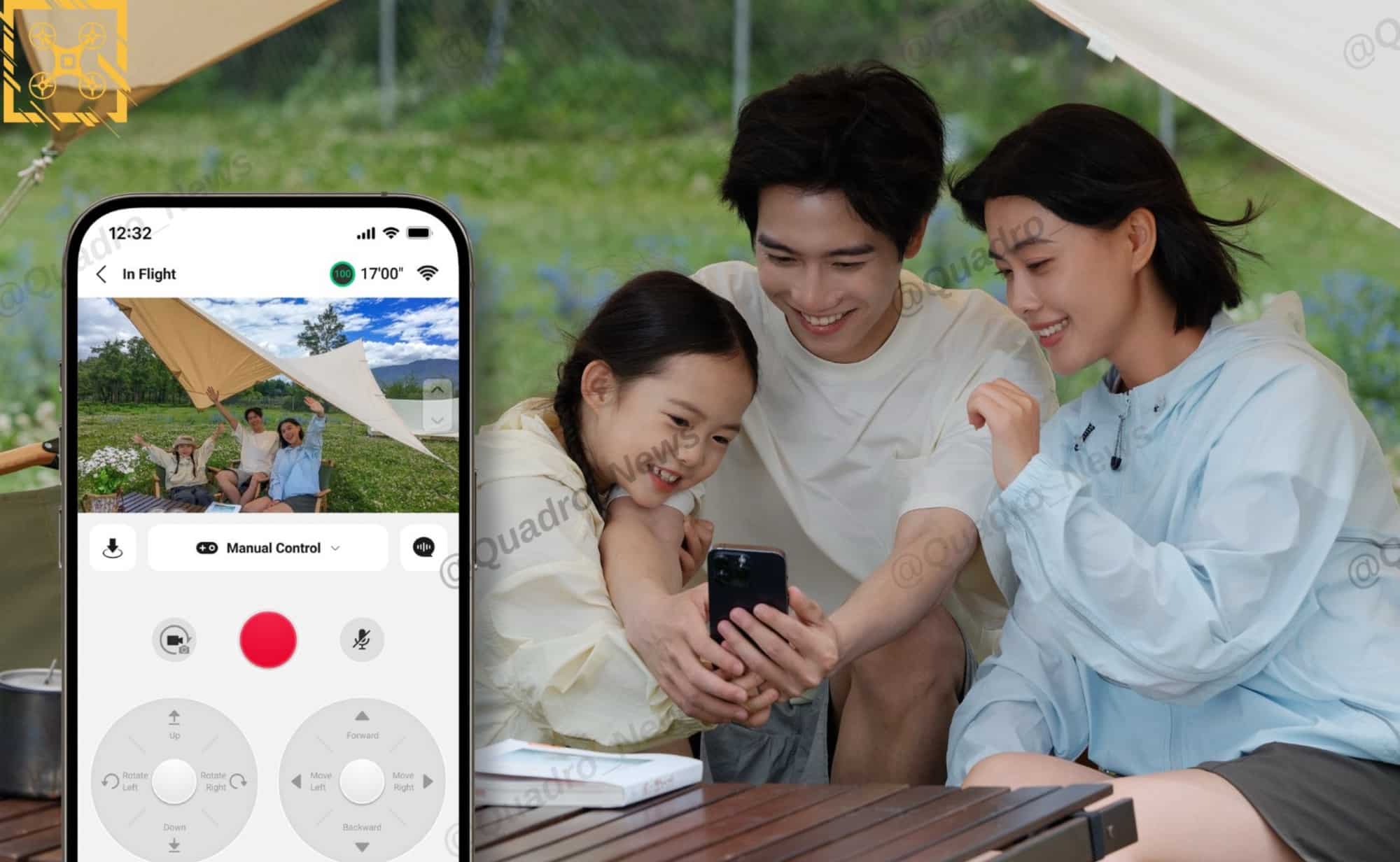 Family at a picnic table with the DJI Fly manual control screen shown alongside.