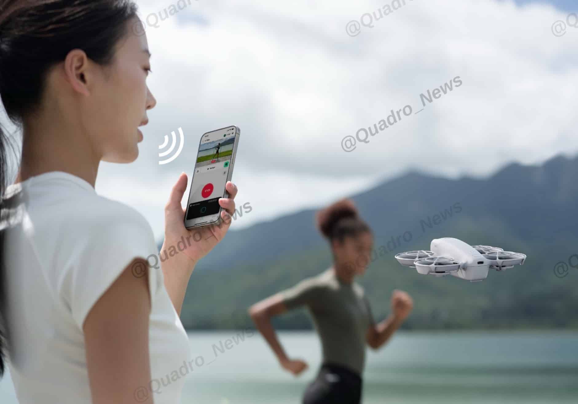 Woman speaking a voice command into the DJI Fly app while the Neo tracks a runner.