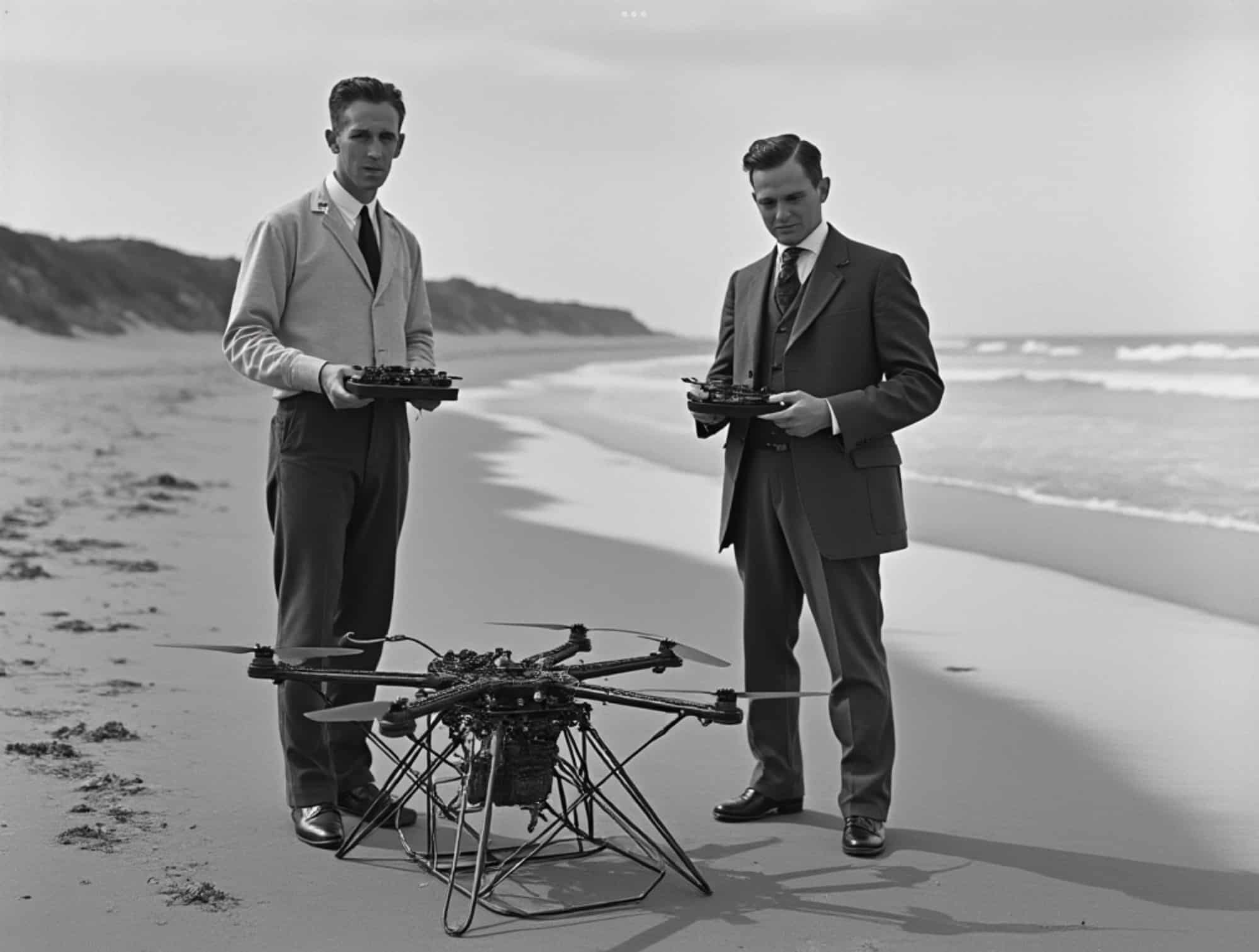 Stock drone image beside survey findings showing zero Remote ID compliance among small makers.