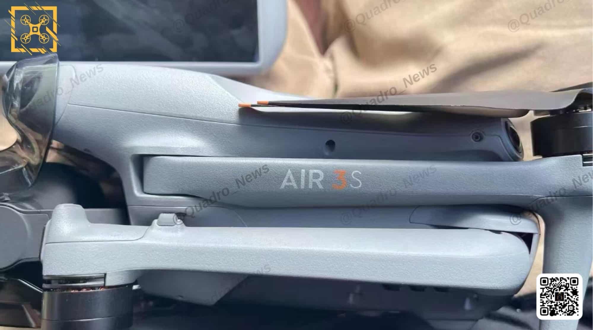 Close-up of the AIR 3S branding printed on the drone's folded arm.