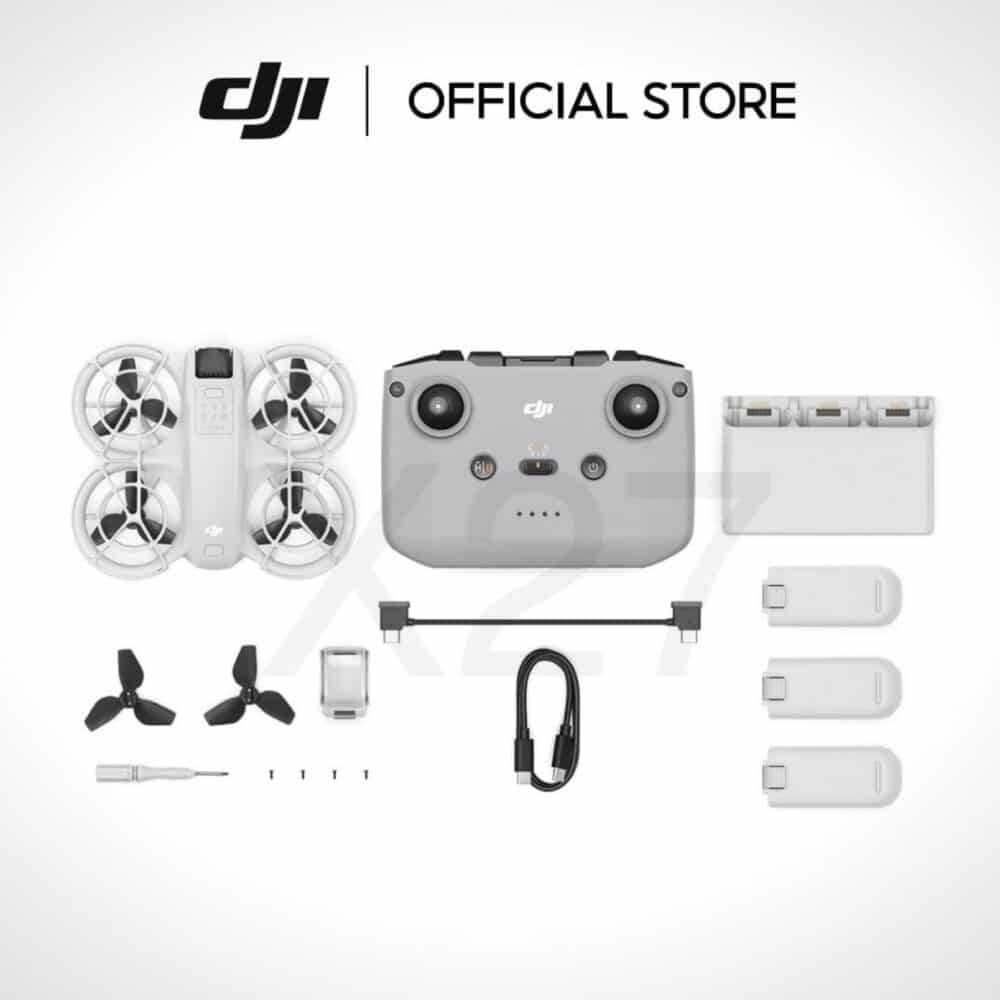 Flat lay of the DJI Neo Fly More Combo with controller, three batteries and cable.
