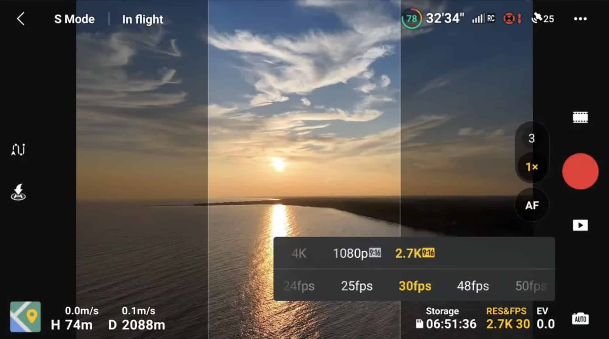 DJI Fly resolution picker with vertical 2.7K at 30fps chosen over a sunset seascape.