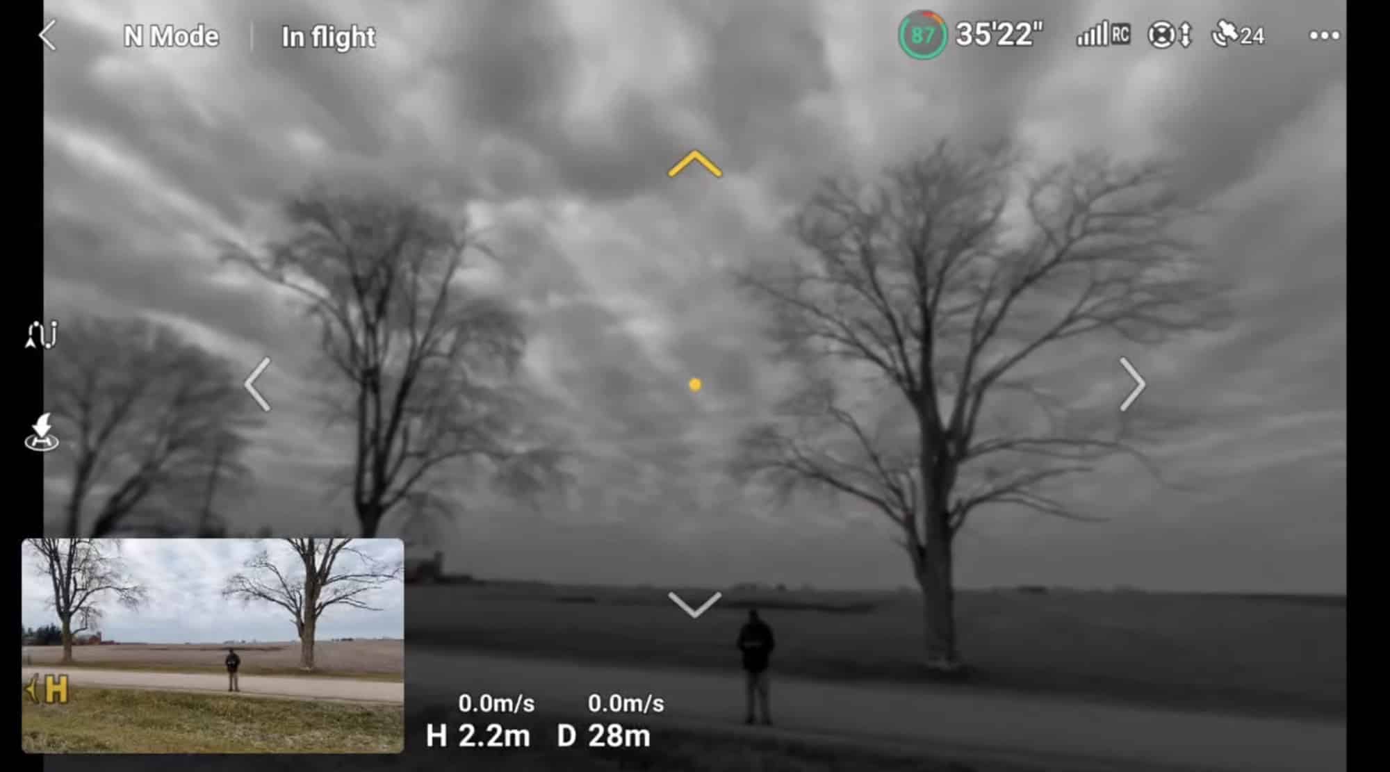 Grayscale obstacle-sensor view of bare trees with a distant person in the field.
