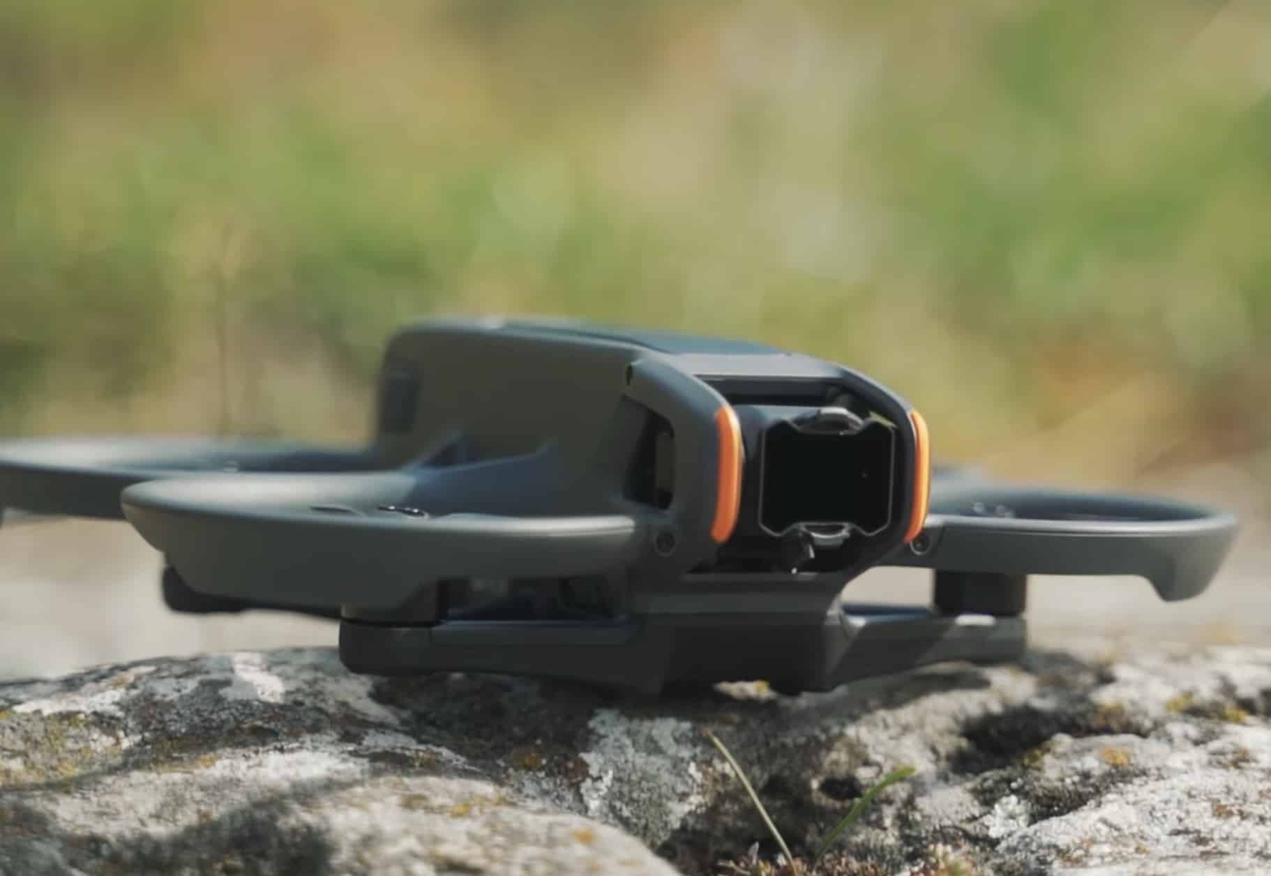 Avata 2 resting on a rock with an ND filter fitted to its camera.