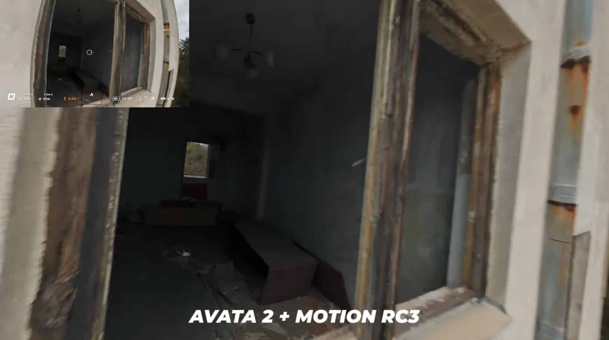 FPV footage through a derelict building doorway, labeled Avata 2 plus Motion RC3.